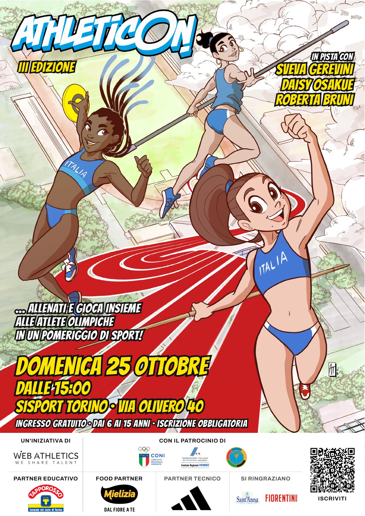 Locandina di Athleticon 2026: domenica 25 ottobre dalle 15:00 alla Sisport di Torino con Sveva Gerevini, Daisy Osakue e Roberta Bruni